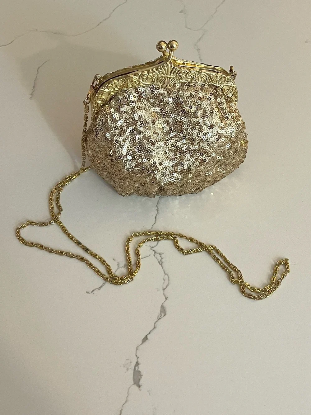 Gold Sequin Evening Shoulder Bag Clutch with Chain Strap